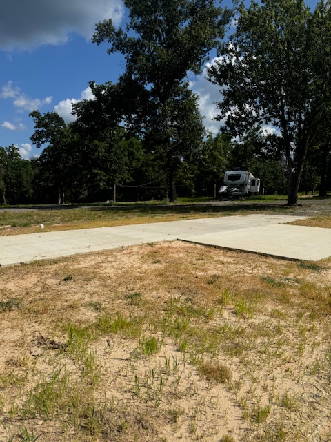 Tree-lined RV site at Caney Trails